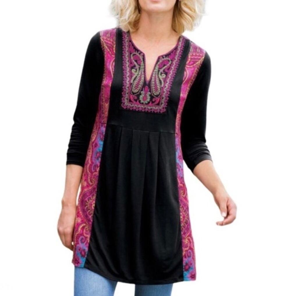 Soft Surroundings Plus 1X Kashmir Embroidered Beaded Bohemian Patchwork Tunic